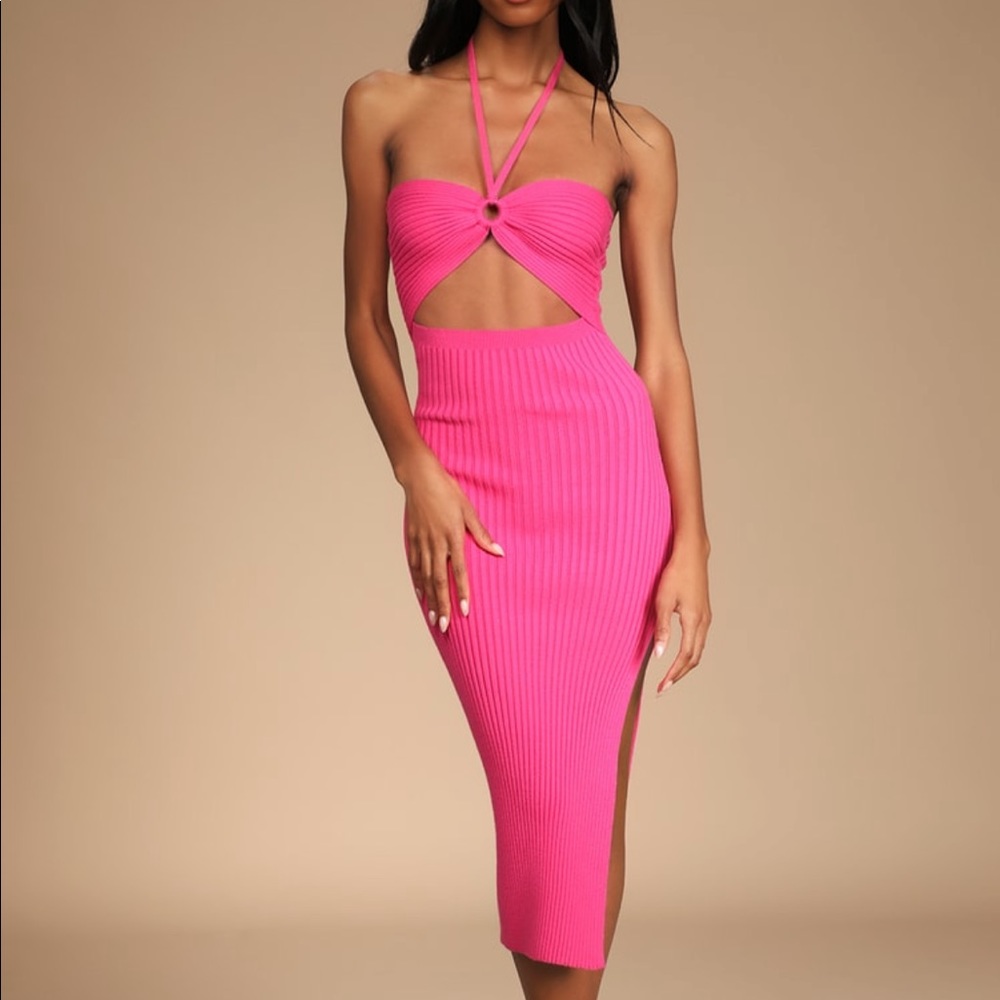 Leading the Trends Hot Pink Ribbed Knit Cutout Halter Midi Dress